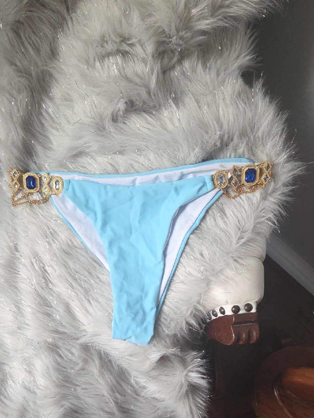 Sky Blue Bikini Bottom with Gold Jeweled Side Accents